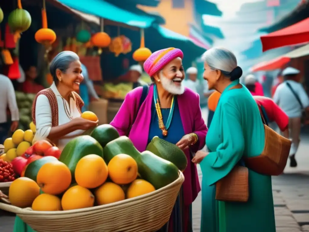 Viajeros mayores explorando mercado extranjero Viajeros mayores explorando mercado extranjero lleno de color, frutas frescas y artesanías