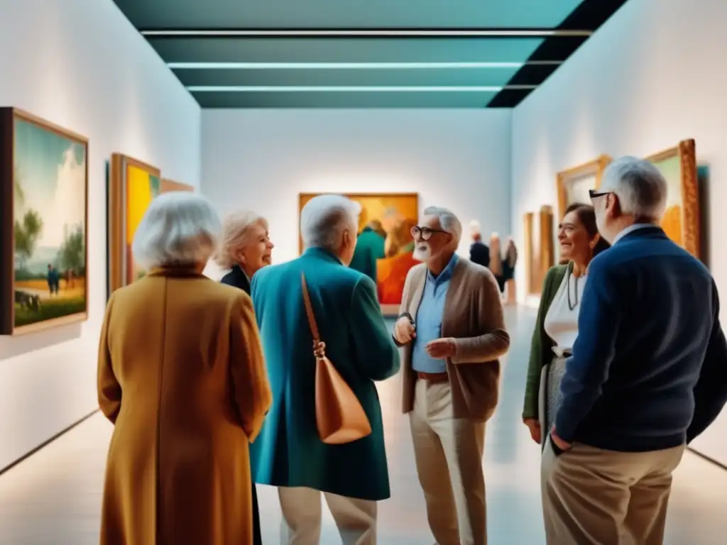 Seniors explorando arte en museo Viajes culturales enriquecedores para seniors explorando un vibrante museo de arte contemporáneo