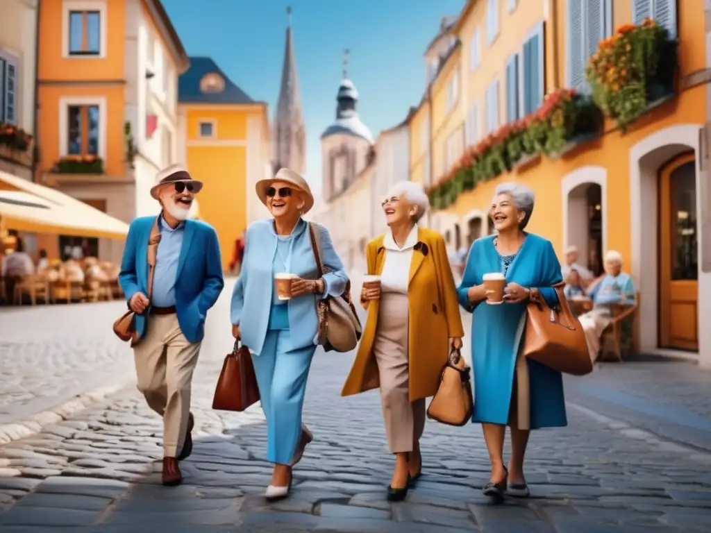 Grupo de seniors felices explorando ciudad europea Seniors explorando una ciudad europea, con consejos de seguridad para viajeros seniors principiantes
