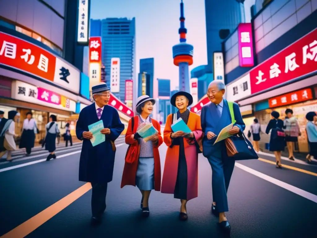 Grupo de seniors explorando Tokio, Japón Viajes seguros para seniors en Asia: explorando las calles vibrantes de Tokio, Japón