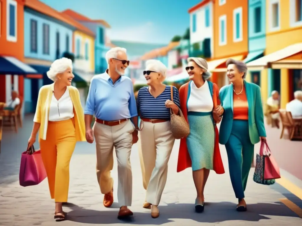 Grupo de mayores explorando destino pintoresco Viajes para adultos mayores: Grupo de vibrantes y activos seniors explorando una pintoresca ciudad costera con tiendas y cafés coloridos