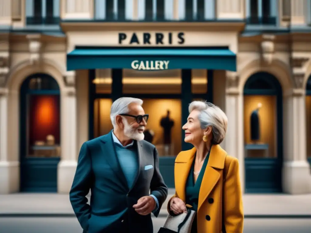 Pareja mayor admirando arte en París Pareja mayor admirando galería de arte en París