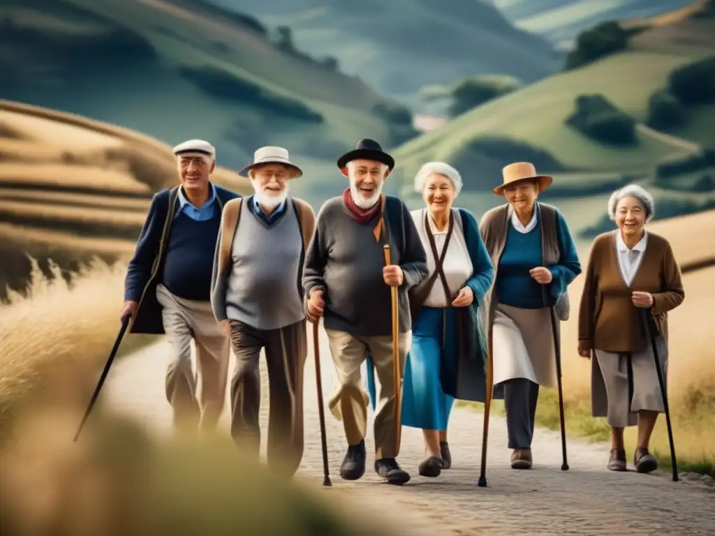 Caminata de ancianos en ruta de peregrinación Retos peregrinaciones seniors: Caminata serena y desafiante de un grupo de mayores en ruta pintoresca