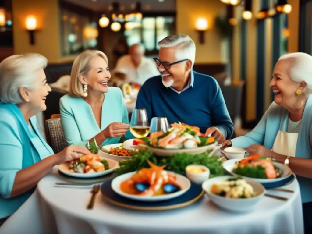 Seniors disfrutando banquete de mariscos Grupo de mayores disfrutando de deliciosa comida marina en restaurante - Aventuras marítimas seguras para mayores