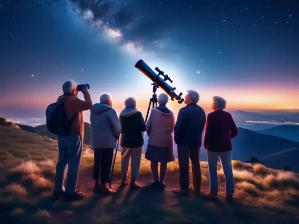 Maravilloso grupo de mayores observando el cielo estrellado Viajes de astronomía para mayores en montaña con telescopio