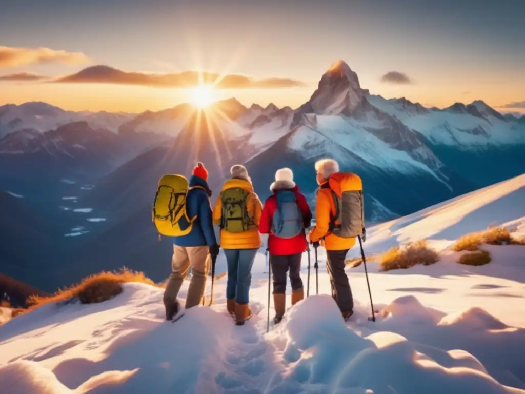 Grupo de viajeros mayores disfrutando de la montaña Destinos emergentes para viajeros senior en montañas nevadas