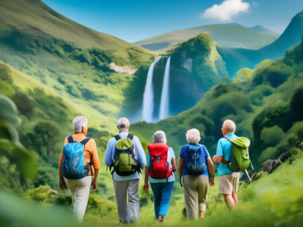 Seniors disfrutando de la naturaleza Preparación viajes senior aventuras naturales - Grupo de mayores disfrutando de la naturaleza en un entorno impresionante