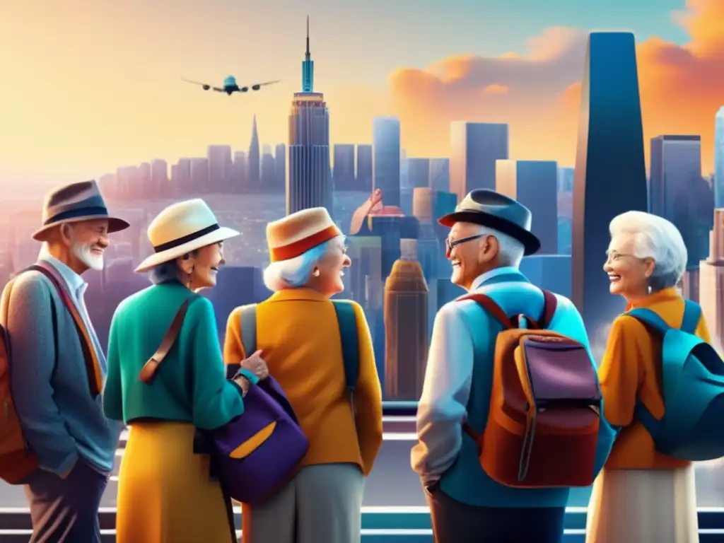Seniors explorando la ciudad en vibrante viaje Consejos para viajeros seniors principiantes en una vibrante ciudad con rascacielos y compañerismo