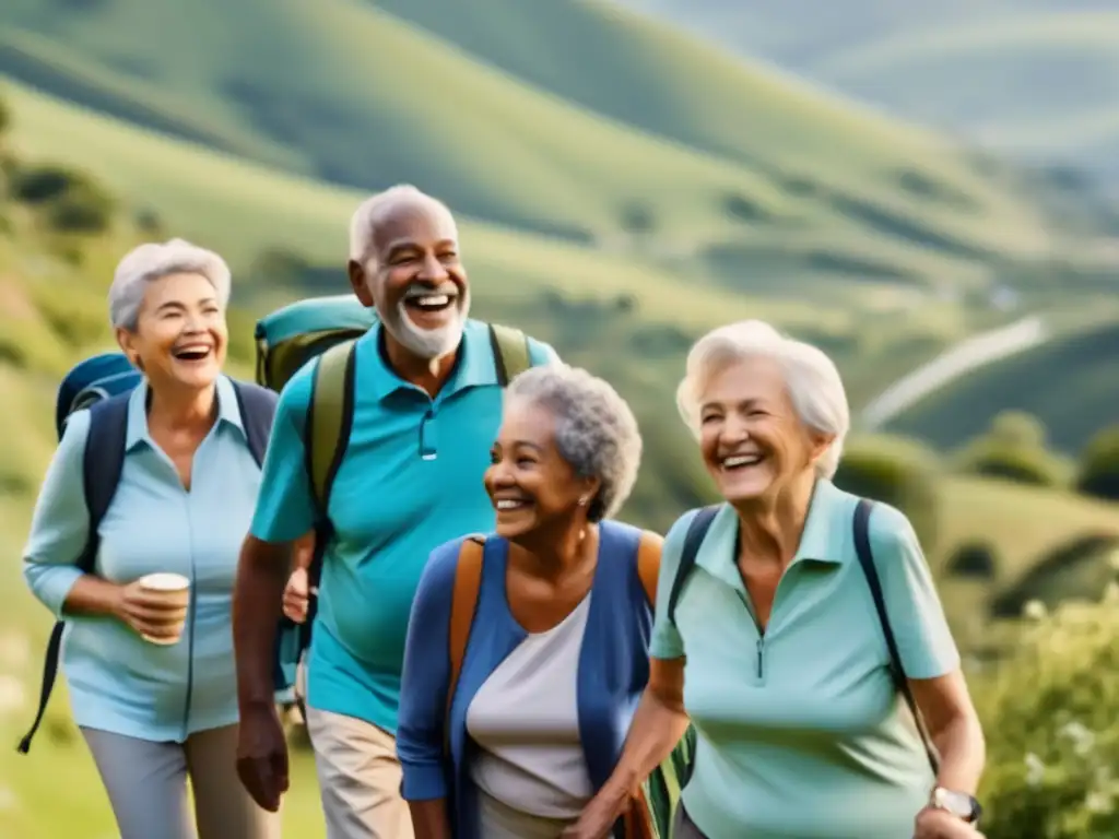 Grupo diverso de adultos mayores disfrutando de un destino pintoresco Un grupo diverso de seniors disfrutando de un destino escénico, destacando el estilo de viaje seguro para seniors