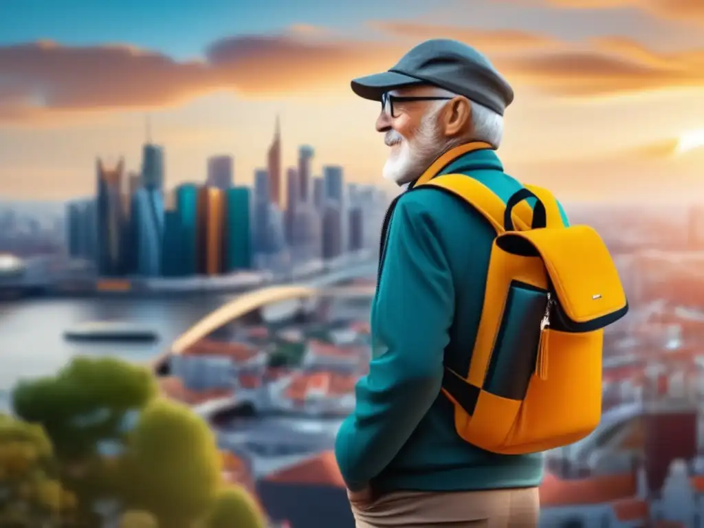 Viajero senior frente a vibrante ciudad, con práctico fanny pack Senior viajero seguro y práctico, con fanny pack y documentos, explorando ciudad - Consejos documentación viajes seniors