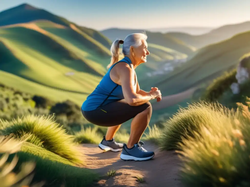 Senior viajero activo en paisaje vibrante Viajero senior realiza ejercicios de fuerza en paisaje inspirador