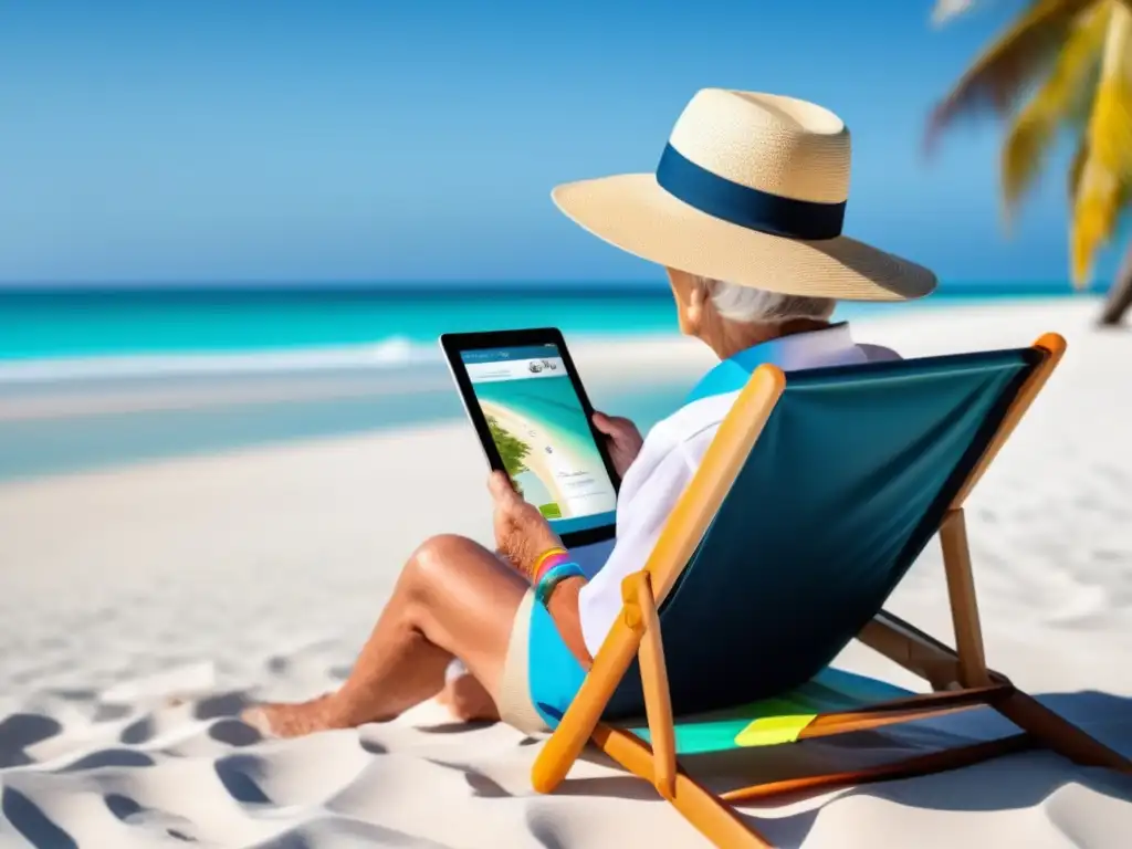 Senior disfrutando de la playa con su tablet Consejos de viaje para seniors con tablet en la playa