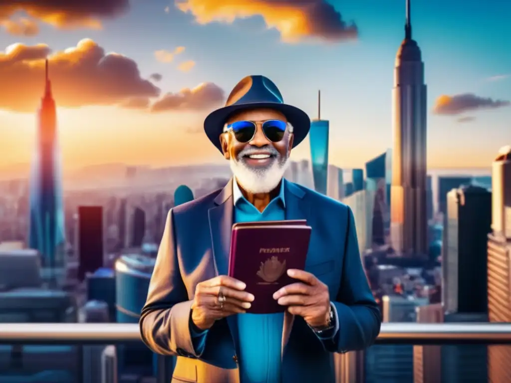 Aventurero mayor sonriente con pasaporte en vibrante metrópolis Documentos necesarios viajero senior sonriendo frente a vibrante ciudad