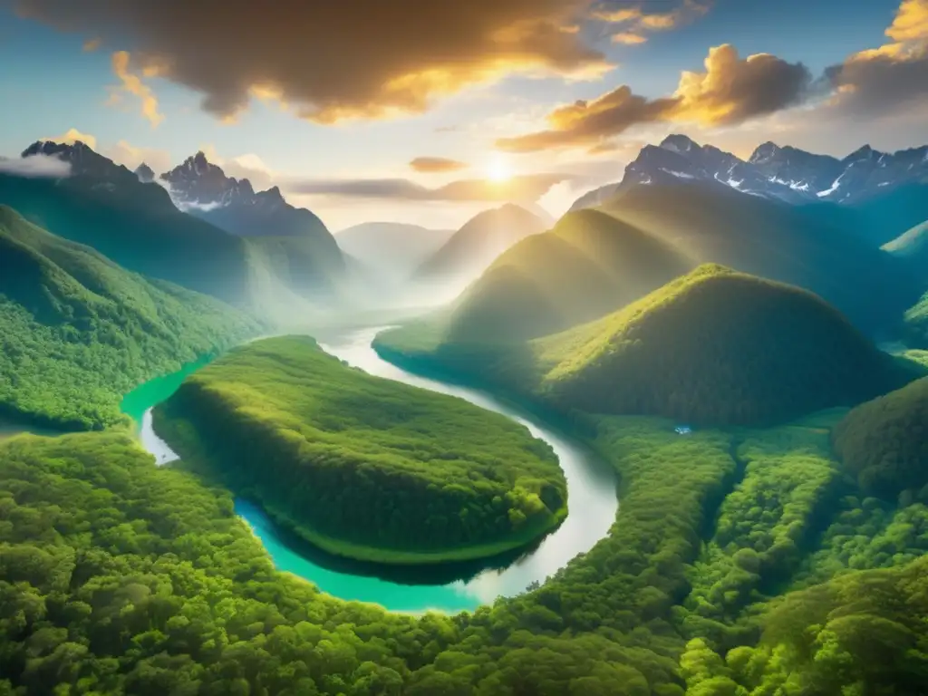 Paisaje natural con montañas y río serpenteante Turismo ecológico para viajeros maduros en impresionante escena de naturaleza: bosque verde, montañas majestuosas, río cristalino y sendero de madera