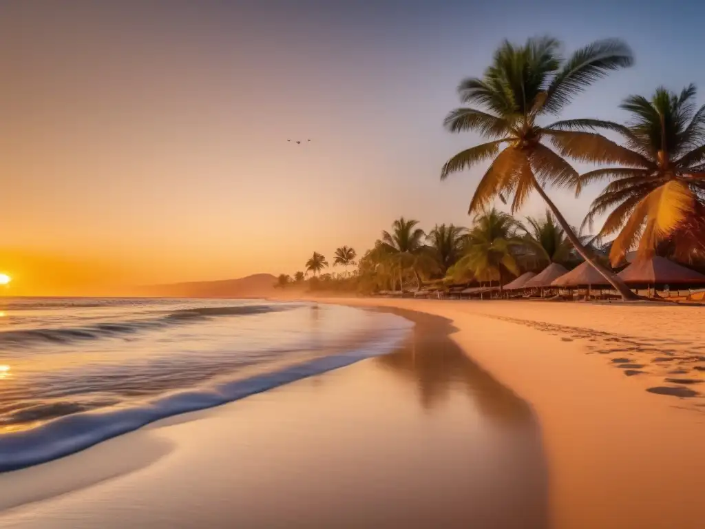 Playa serena al atardecer, destello dorado Destinos retiros viajeros mayores - Playa serena al atardecer con palmeras y agua tranquila