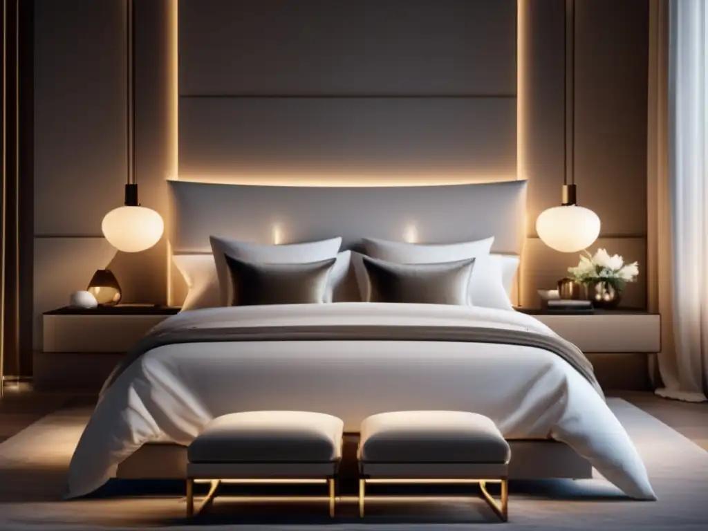 Dormitorio moderno y acogedor Una habitación serena y acogedora con una cama king size, luz cálida y elementos de diseño minimalista