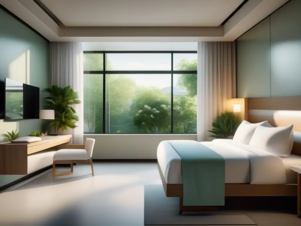 Habitación de hospital serena con diseño minimalista, colores relajantes y equipamiento médico avanzado