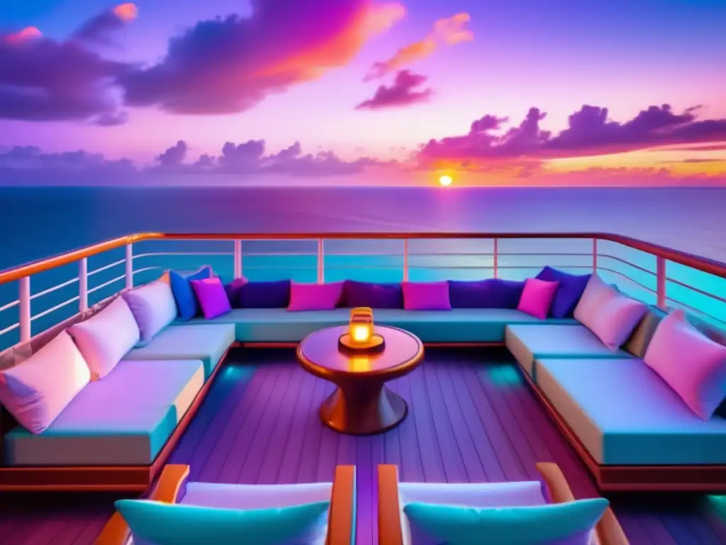 Atardecer sereno en lujoso crucero Crucero temático para viajeros maduros en paradisíaco atardecer a bordo