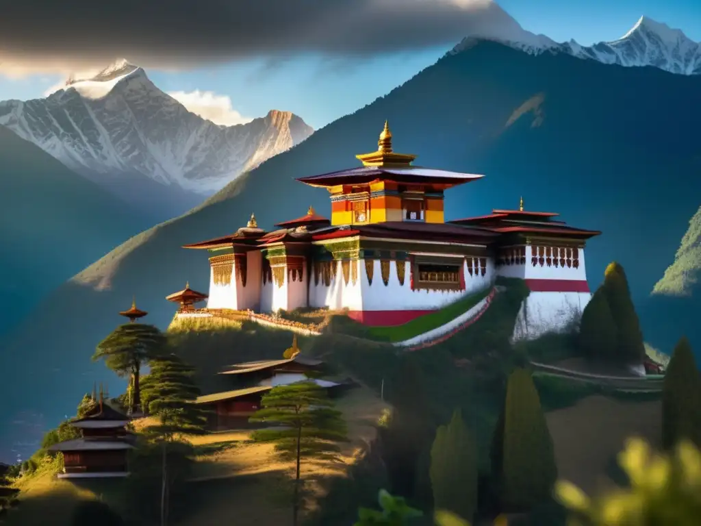 Templo sereno en Bhutan Un tranquilo templo en Bhutan rodeado de exuberante vegetación y majestuosas montañas nevadas