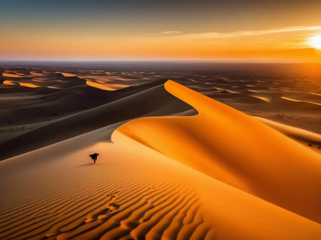 Desierto sereno: figura solitaria abraza la tranquilidad Viaje espiritual en el desierto: figura solitaria abrazando la serenidad del paisaje dorado (110 caracteres)