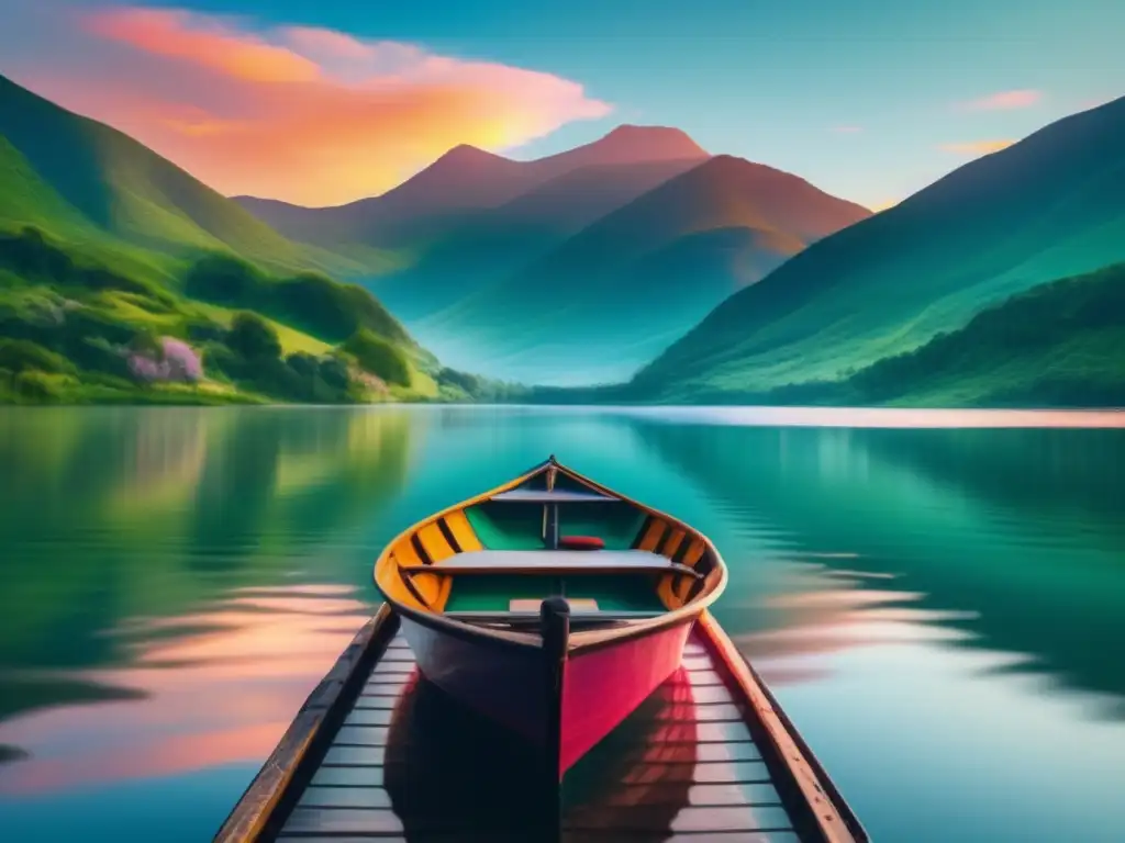 Paisaje 8k de lago rodeado de montañas verdes reflejando el atardecer