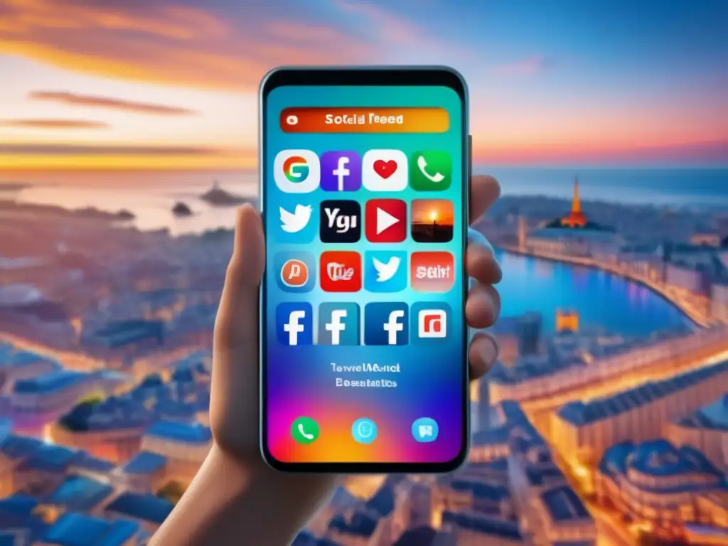 Smartphone conectado al mundo Smartphone muestra vibrante feed #viajes, #destinos y #tecnología, para mantenerse informado durante viajes