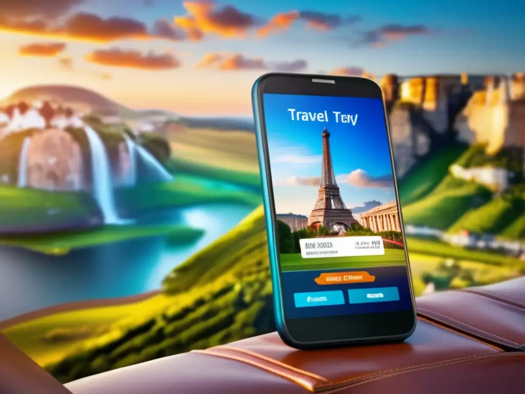 Smartphone con itinerario de viaje y paisaje de fondo Preparación segura documentos viaje con smartphone y itinerario de viaje detallado