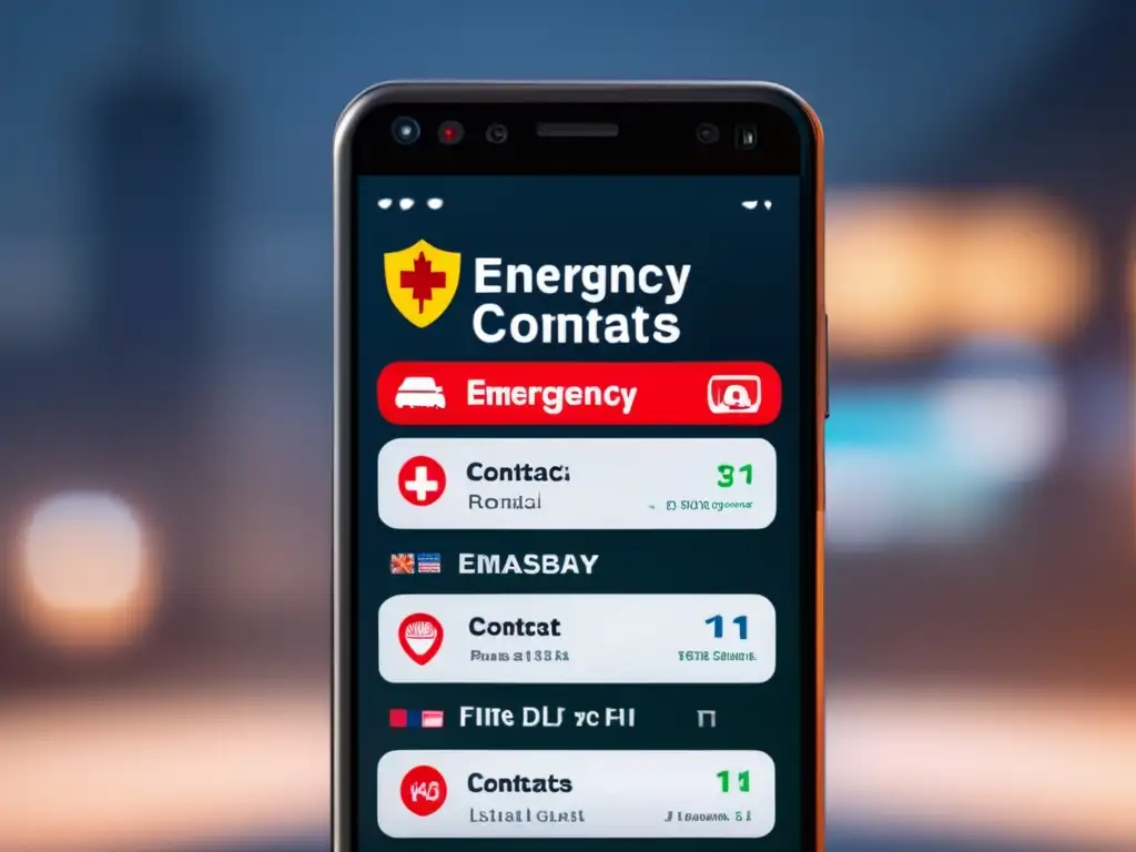 Pantalla de smartphone con lista de contactos de emergencia destacados Smartphone con lista de contactos de emergencia: Consejos documentos viaje senior