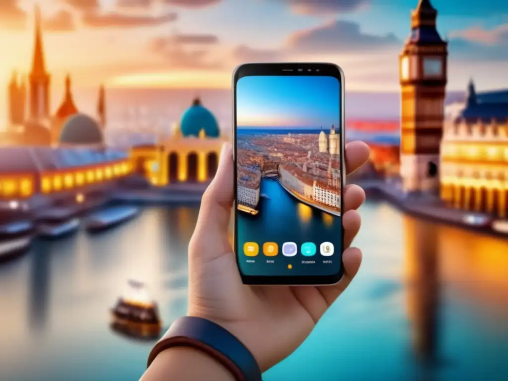 Smartphone de diseño moderno y vibrante con app de viajes y famosos lugares del mundo Tecnología imprescindible para viajeros seniors: Smartphone con diseño elegante, pantalla vibrante y app de viajes intuitiva