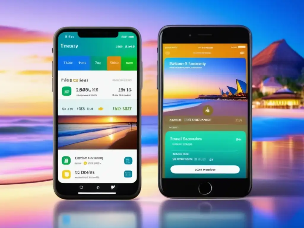 Viaje perfecto en smartphone: itinerario organizado y destino paradisíaco Tecnología para ahorrar en viajes: moderno smartphone con app de itinerario, colores vibrantes, destino de playa paradisíaca