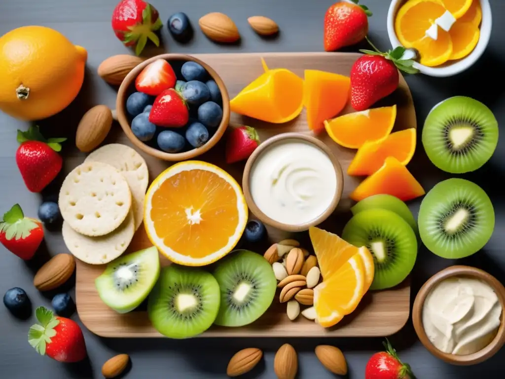 Deliciosos aperitivos saludables en tabla de madera Snacks saludables para viajeros maduros: variedad de frutas, frutos secos, crackers y hummus en una tabla de madera