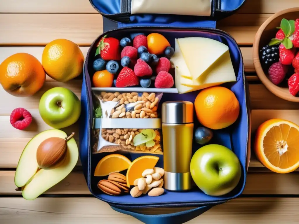 Bolsa de viaje con snacks saludables para adultos mayores Alimentos saludables para viajeros senior con una variedad de opciones frescas y nutritivas en una bolsa de viaje