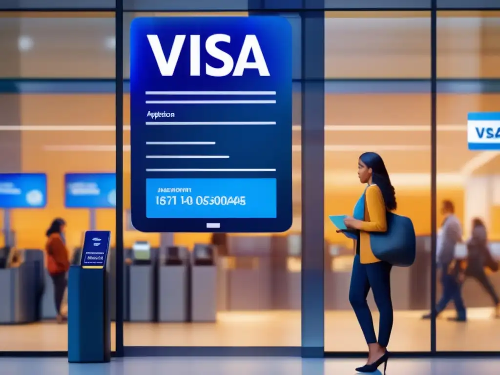 Viaje sin estrés: Solicitud de visa simplificada Solicitud de visado simplificada viaje: viajero con pasaporte en moderno centro de solicitud de visado