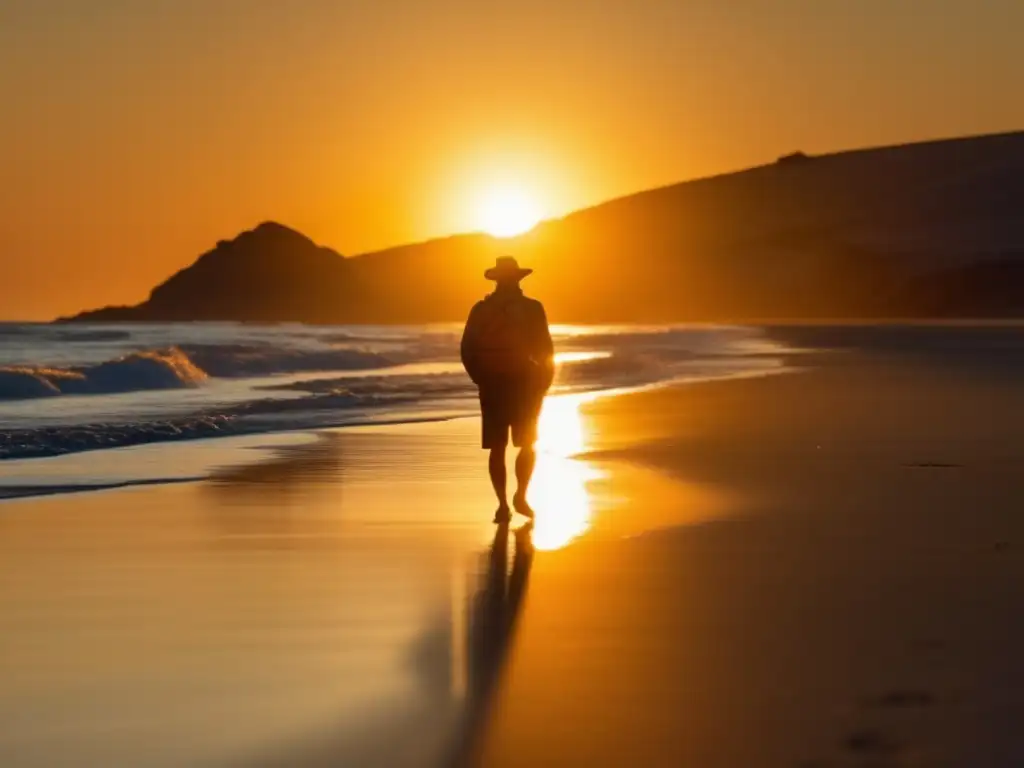 Viajero solitario en playa desierta al atardecer Viajar solo como senior: ventajas y desventajas