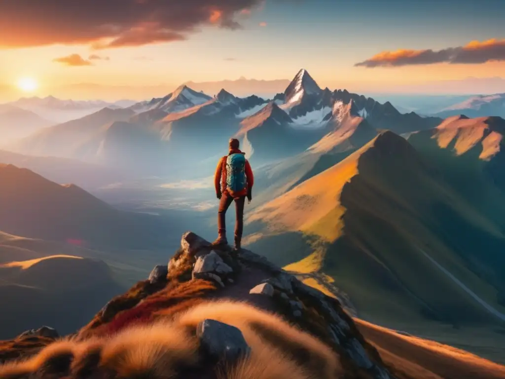 Viajero solitario en cumbre majestuosa Ventajas y desventajas de viajar solo o en grupo: imagen de viajero solitario en montaña impresionante