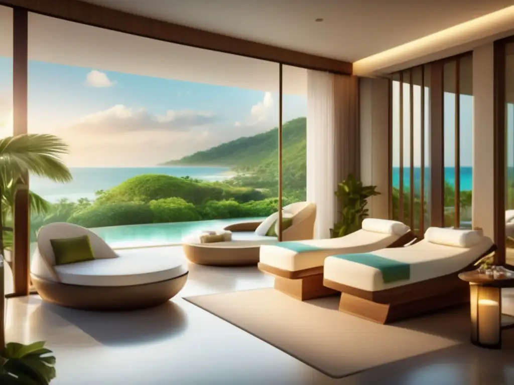 Spa de lujo con vistas panorámicas Destinos de turismo médico para seniors, spa sereno con vistas panorámicas y decoración minimalista