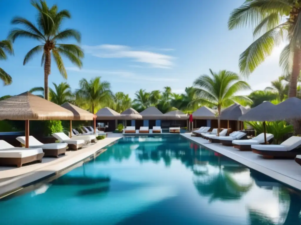 Spa de lujo para mayores Consejos para viajes a balnearios para mayores: Imagen de un lujoso spa al aire libre con una piscina rodeada de palmeras y cómodas tumbonas