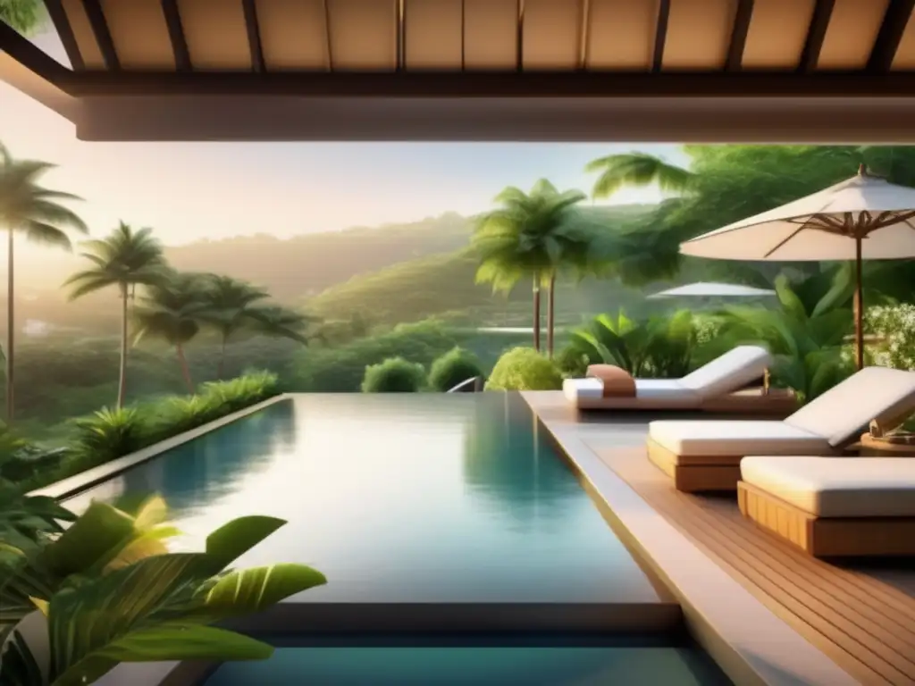 Beneficios de balnearios para viajeros maduros: Exquisita imagen 8k de un tranquilo y pintoresco resort rodeado de vegetación exuberante