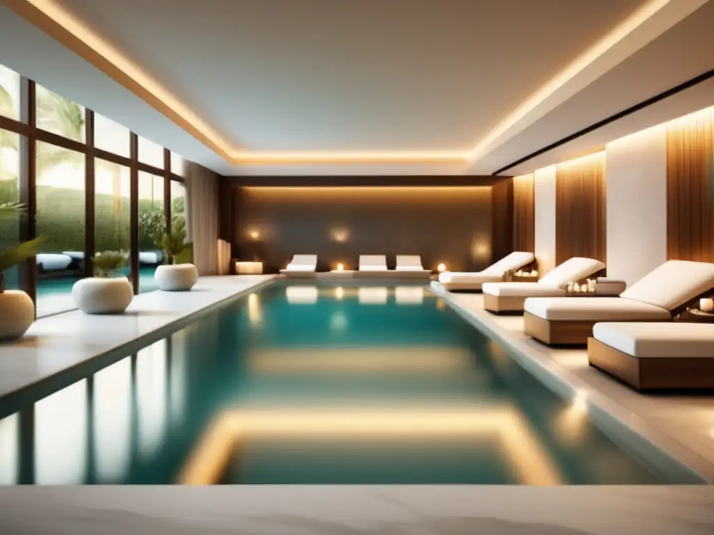 Spa de lujo para adultos mayores Spa de lujo para mayores: Piscina amplia, relajante, rodeada de mármol blanco, iluminada con luz natural, con vista a jardín vibrante