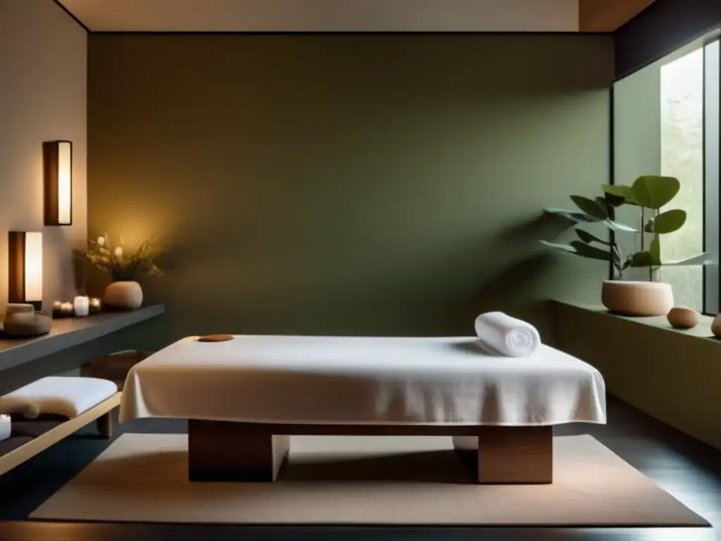 Espacio de spa sereno con terapia de masaje Cuidados postviaje médico: Serena habitación de spa con mesa de masaje, terapeuta aplicando masaje y paciente relajado