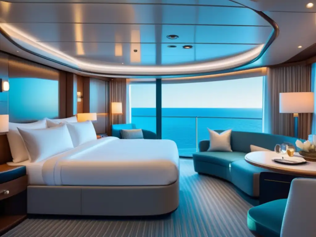 Lujosa cabina de crucero con diseño contemporáneo Habitación de lujo en crucero con vista al mar y espacio de almacenamiento para equipaje crucero para viajeros maduros