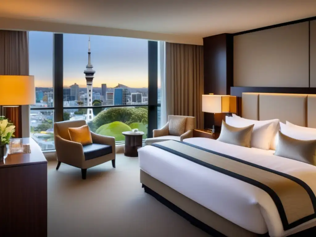 Suite de hotel adaptada para personas mayores Experiencias en Auckland para adultos mayores: Suite lujosa con servicios adaptados, mobiliario elegante, vistas panorámicas y medidas de seguridad
