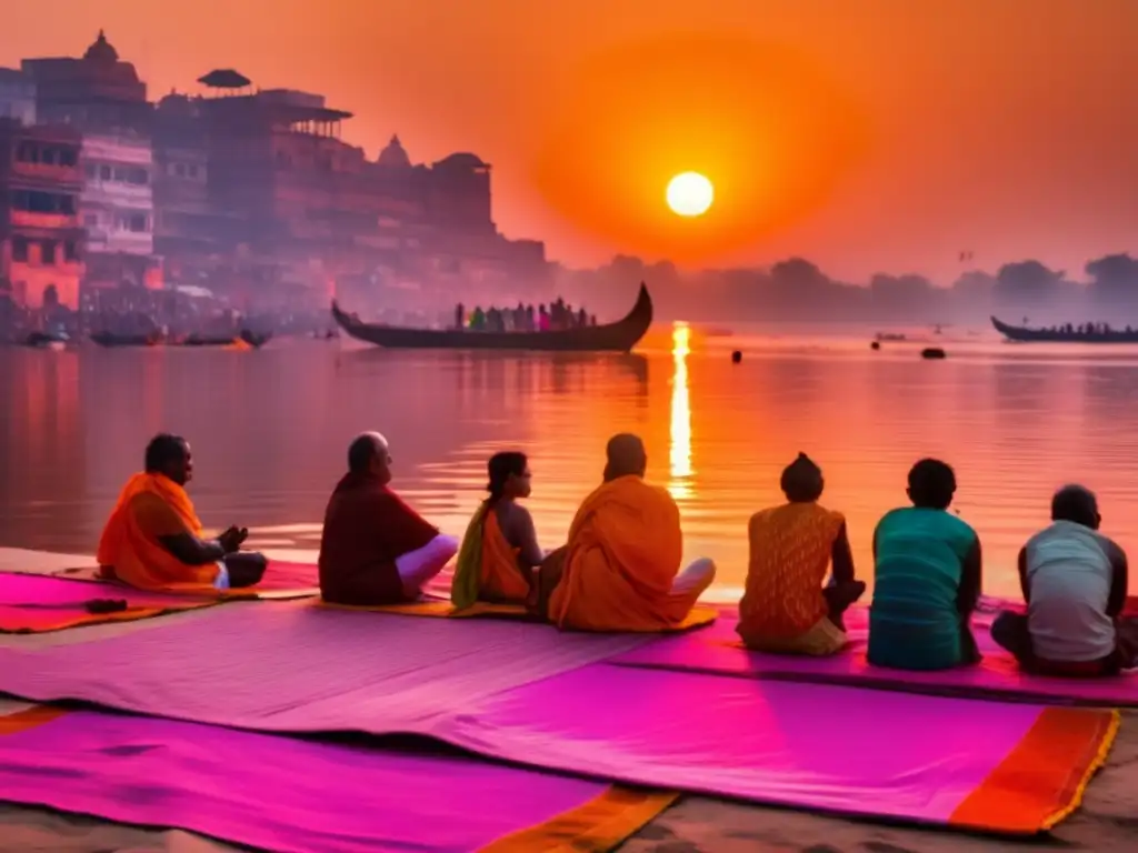 Amanecer sagrado en el Ganges, Varanasi Meditación espiritual en India: Amanecer en el sagrado río Ganges, Varanasi