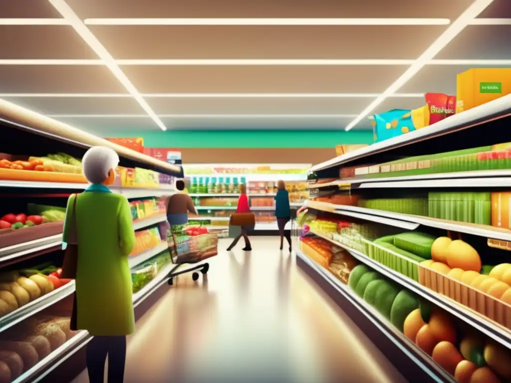 Supermercado moderno con productos vibrantes y ordenados Supermercado con productos variados para presupuesto de viaje para seniors