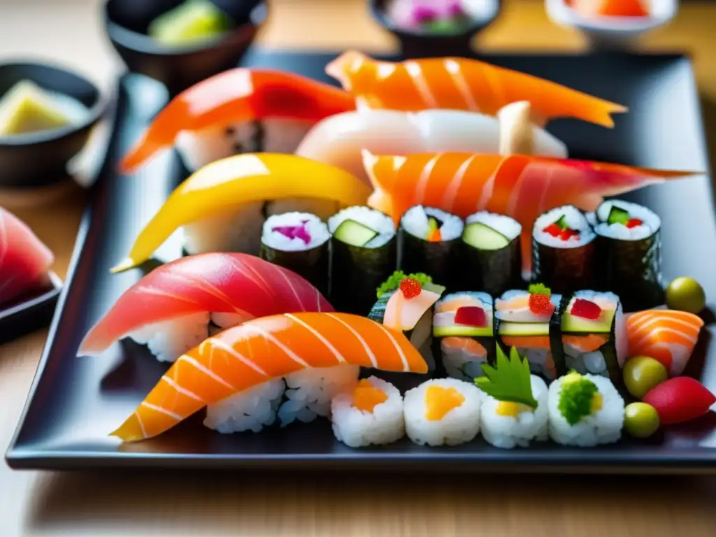 Exquisita selección de sushi, arte y precisión Experiencia sushi para viajeros maduros: plato vibrante y delicado, con variedad de rollos, nigiri y sashimi, presentación artística y sabores exquisitos