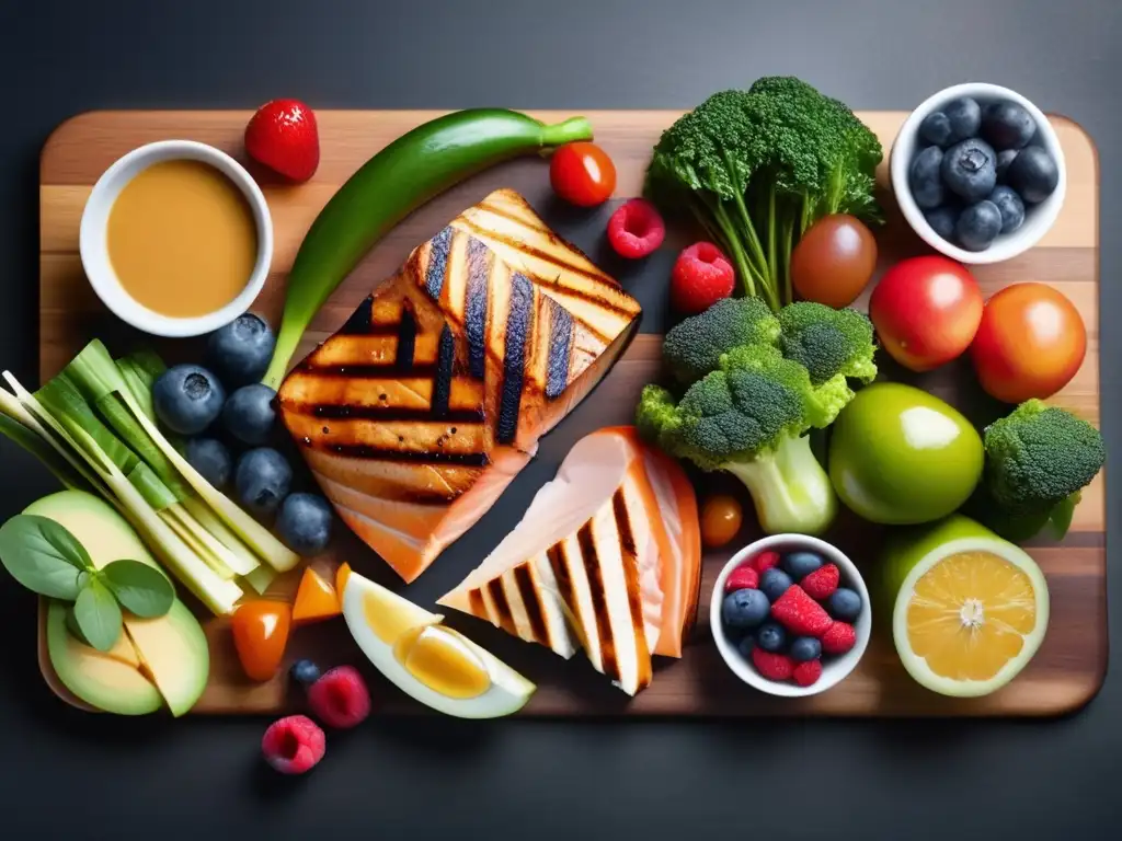 Nutrición equilibrada con alimentos frescos y coloridos Consejos de nutrición para aventuras: alimentos variados y saludables en una imagen de 8k, con vibrantes colores y cuidada composición