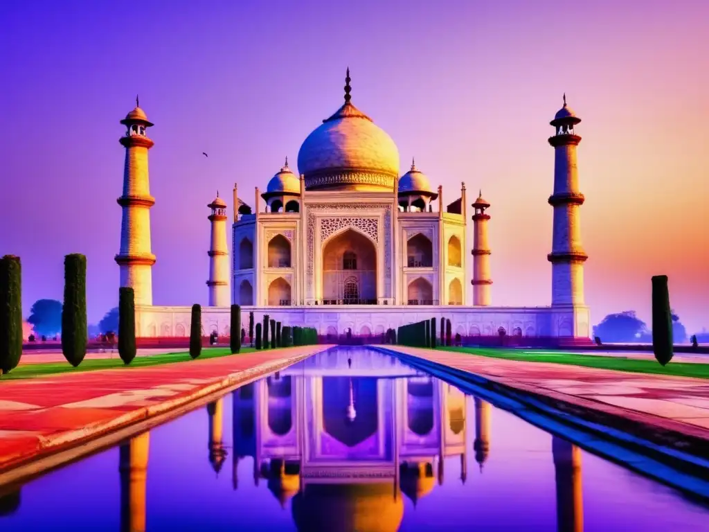 Taj Mahal al atardecer Taj Mahal al atardecer, majestuoso mausoleo de mármol blanco en un cielo naranja y morado reflejado en su piscina