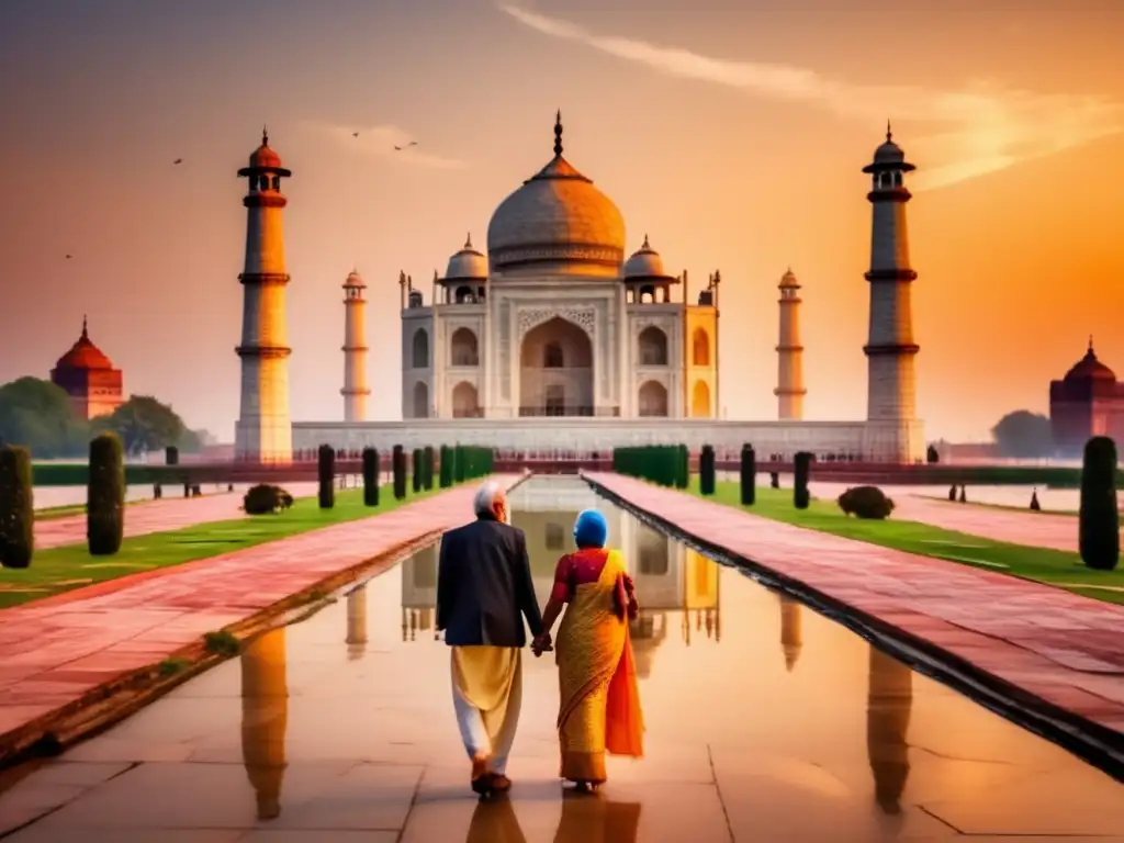 Pareja mayor maravillada ante el Taj Mahal Pareja mayor admirando majestuosidad del Taj Mahal en viaje arquitectónico -
