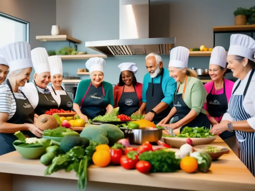 Taller gastronómico con personas mayores Un emocionante taller de cocina para viajeros senior, con ingredientes frescos y colores vibrantes