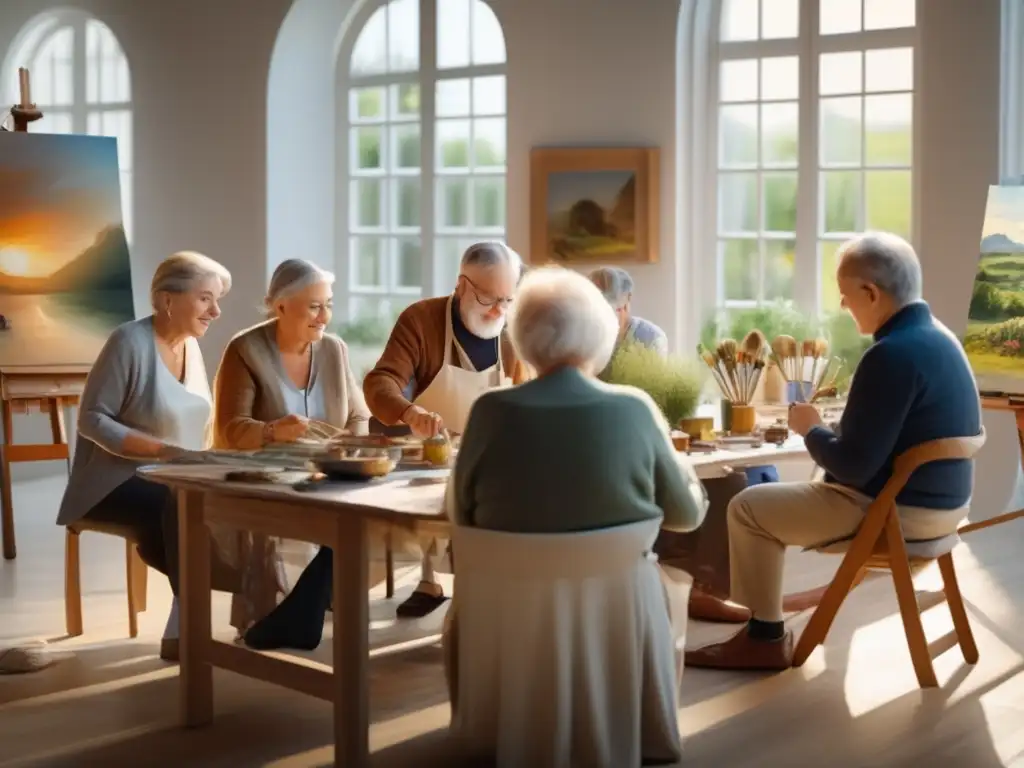 Talleres de pintura para viajeros seniors, creatividad y alegría en un estudio luminoso y lleno de arte